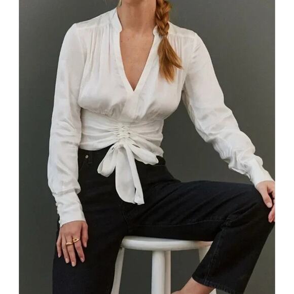 Anthropologie Tops - NWT Anthropologie Sz M White Silky Tie Waist Cropped Blouse Smocked French Cuff
